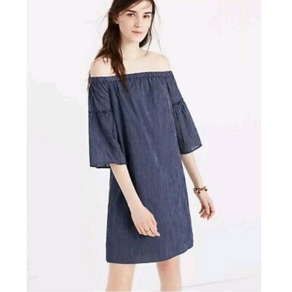 Madewell Womens Off The Shoulder Pinstripe Shift Dress Navy Blue White Size 10‎